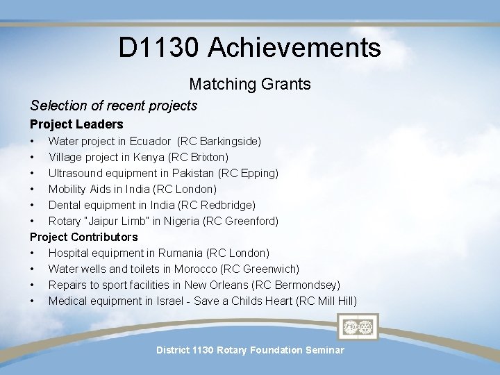D 1130 Achievements Matching Grants Selection of recent projects Project Leaders • Water project D 1130 Achievements Matching Grants Selection of recent projects Project Leaders • Water project