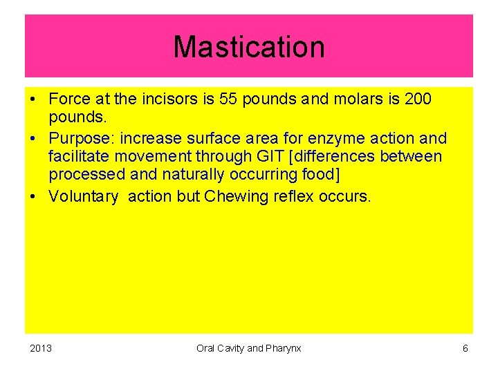 Mastication • Force at the incisors is 55 pounds and molars is 200 pounds.