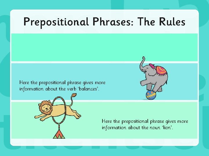 Prepositional Phrases: The Rules Here the prepositional phrase gives more information about the verb