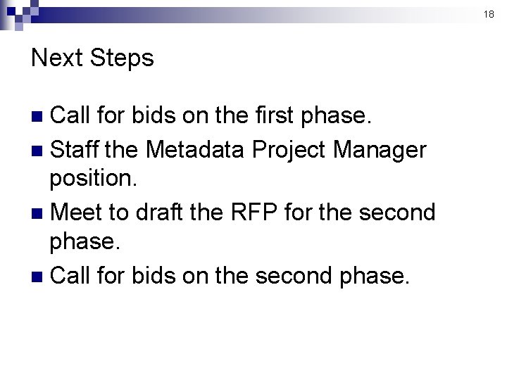 18 Next Steps n Call for bids on the first phase. n Staff the