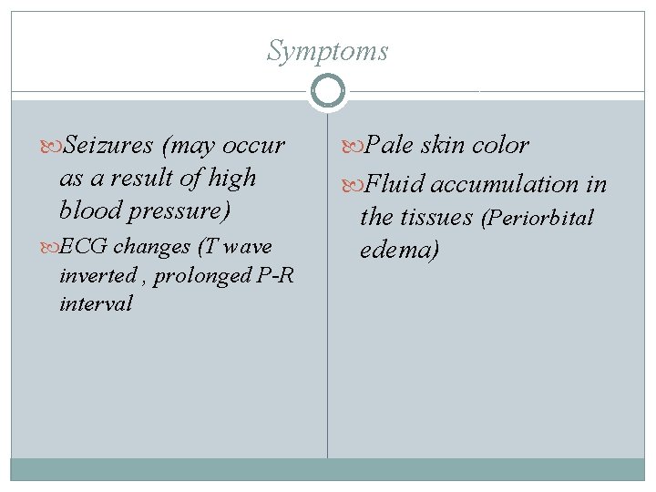 Symptoms Seizures (may occur as a result of high blood pressure) ECG changes (T Symptoms Seizures (may occur as a result of high blood pressure) ECG changes (T