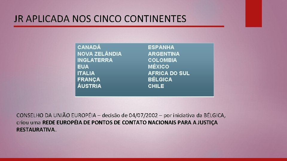 JR APLICADA NOS CINCO CONTINENTES CANADÁ NOVA ZEL NDIA INGLATERRA EUA ITALIA FRANÇA ÁUSTRIA