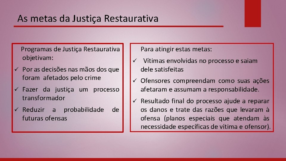 As metas da Justiça Restaurativa ü ü ü Programas de Justiça Restaurativa objetivam: ü