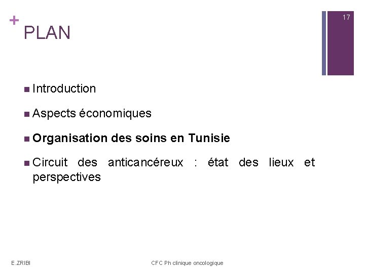+ 17 PLAN n Introduction n Aspects économiques n Organisation des soins en Tunisie