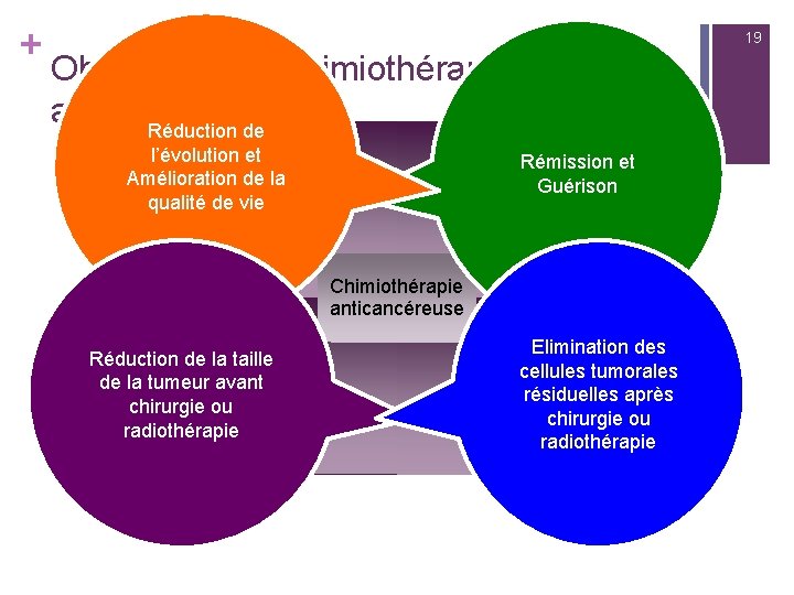 + 19 Objectifs de la chimiothérapie anticancéreuse Réduction de l’évolution et Amélioration de la