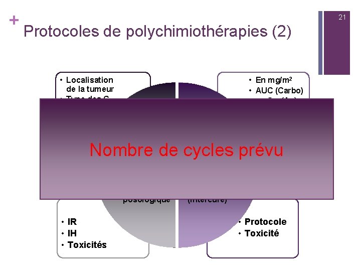 + 21 Protocoles de polychimiothérapies (2) • Localisation de la tumeur • Type des