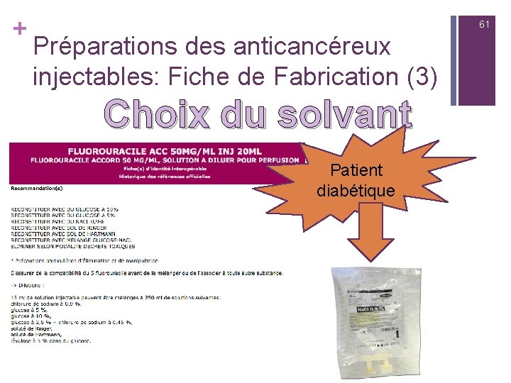 + 61 Préparations des anticancéreux injectables: Fiche de Fabrication (3) Choix du solvant Patient