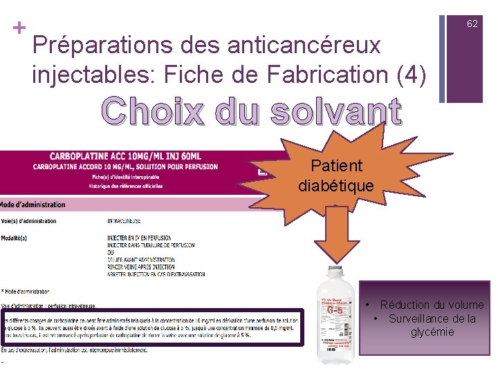 + 62 Préparations des anticancéreux injectables: Fiche de Fabrication (4) Choix du solvant Patient