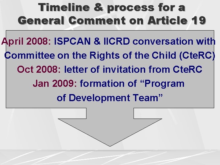 Timeline & process for a General Comment on Article 19 April 2008: ISPCAN &