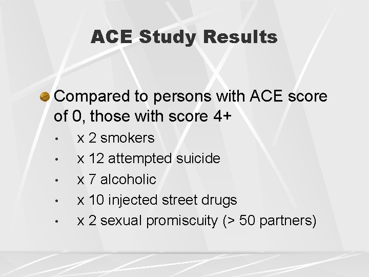 ACE Study Results Compared to persons with ACE score of 0, those with score