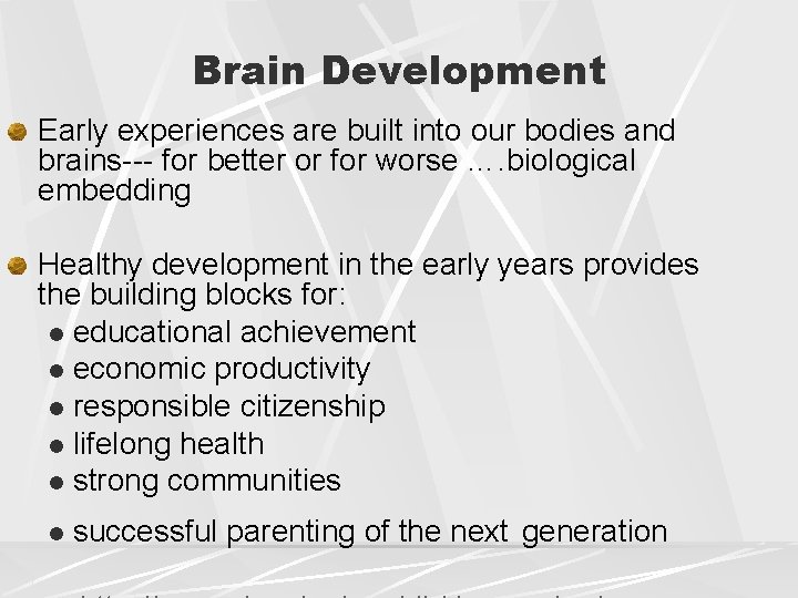 Brain Development Early experiences are built into our bodies and brains--- for better or