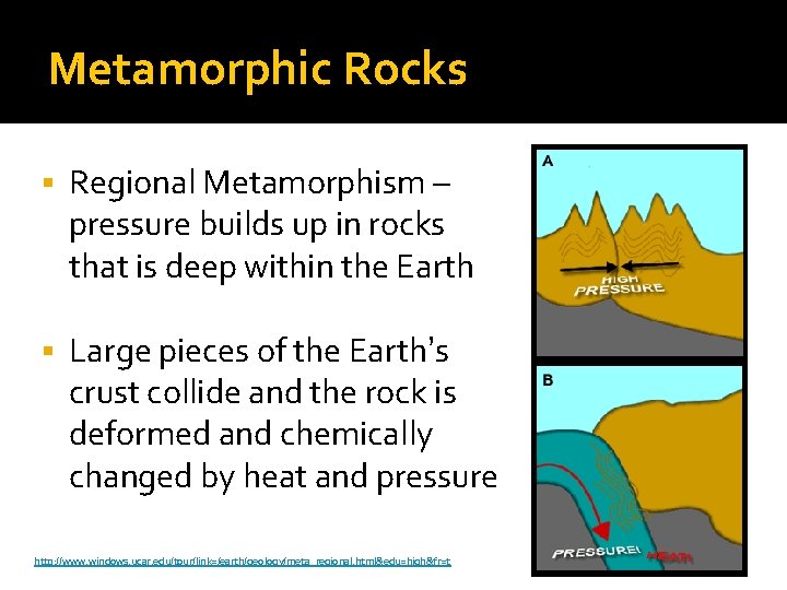 Metamorphic Rocks § Regional Metamorphism – pressure builds up in rocks that is deep