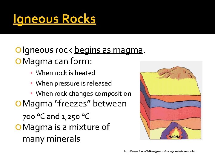 Igneous Rocks Igneous rock begins as magma. Magma can form: ▪ When rock is