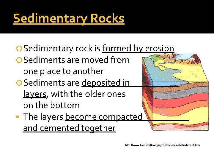 Sedimentary Rocks Sedimentary rock is formed by erosion Sediments are moved from one place