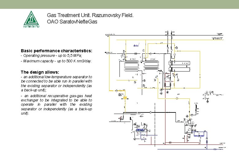 Gas Treatment Unit. Razumovsky Field. ОАО Saratov. Nefte. Gas Basic performance characteristics: - Operating