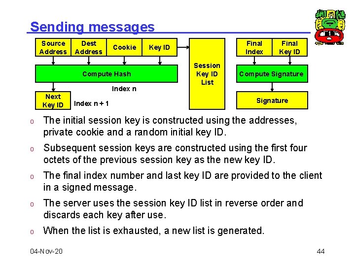 Sending messages Source Address Dest Address Cookie Compute Hash Index n Next Key ID