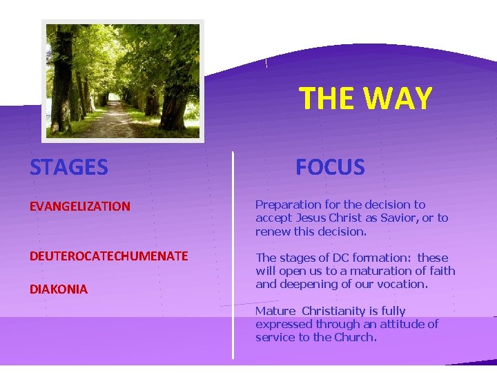 THE WAY STAGES FOCUS EVANGELIZATION Preparation for the decision to accept Jesus Christ as