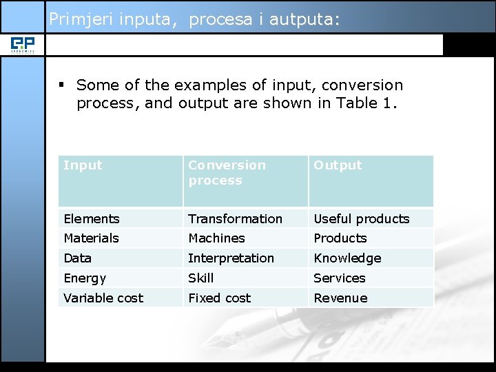 Primjeri inputa, procesa i autputa: § Some of the examples of input, conversion process,