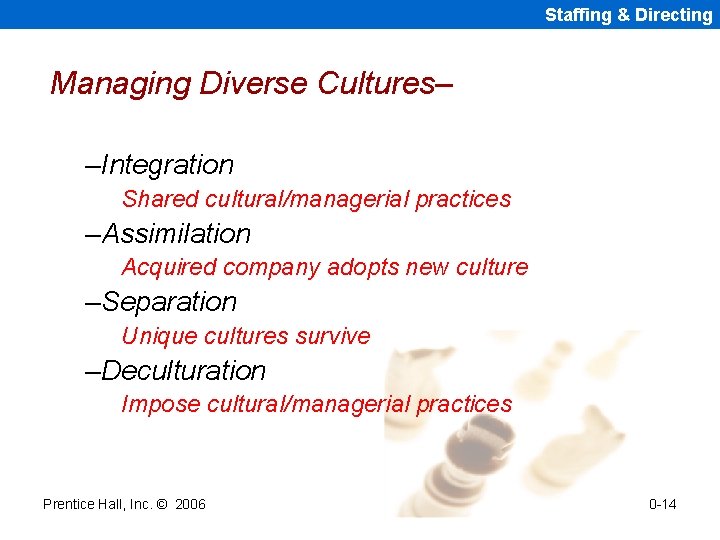 Staffing & Directing Managing Diverse Cultures– –Integration Shared cultural/managerial practices –Assimilation Acquired company adopts