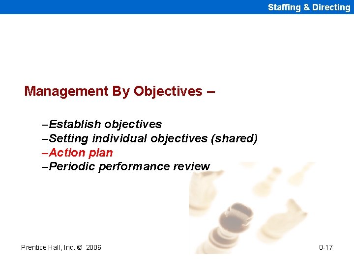 Staffing & Directing Management By Objectives – –Establish objectives –Setting individual objectives (shared) –Action