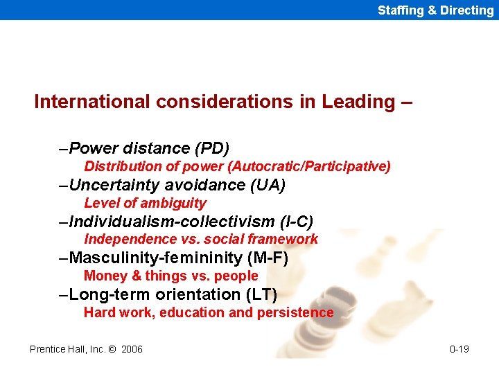 Staffing & Directing International considerations in Leading – –Power distance (PD) Distribution of power