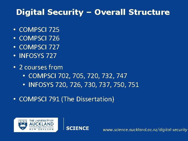 Digital Security – Overall Structure • • COMPSCI 725 COMPSCI 726 COMPSCI 727 INFOSYS