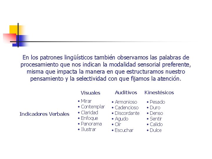 En los patrones lingüísticos también observamos las palabras de procesamiento que nos indican la