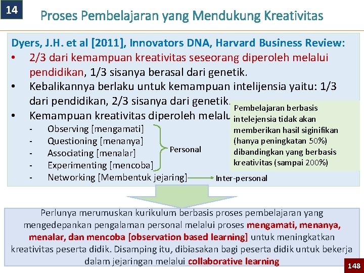 14 Proses Pembelajaran yang Mendukung Kreativitas Dyers, J. H. et al [2011], Innovators DNA,