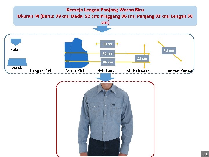 Kemeja Lengan Panjang Warna Biru Ukuran M (Bahu: 38 cm; Dada: 92 cm; Pinggang