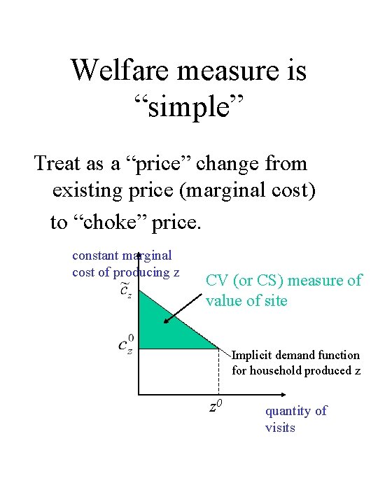 Welfare measure is “simple” Treat as a “price” change from existing price (marginal cost) Welfare measure is “simple” Treat as a “price” change from existing price (marginal cost)