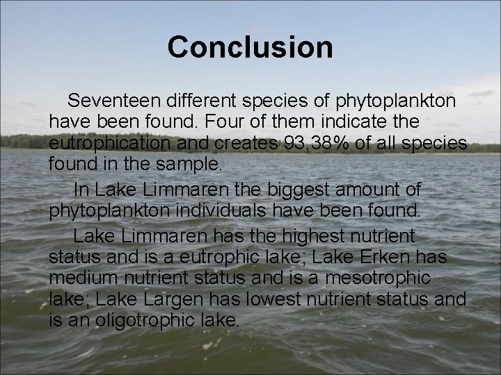 Conclusion Seventeen different species of phytoplankton have been found. Four of them indicate the