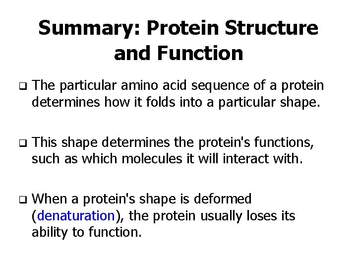 Summary: Protein Structure and Function q The particular amino acid sequence of a protein
