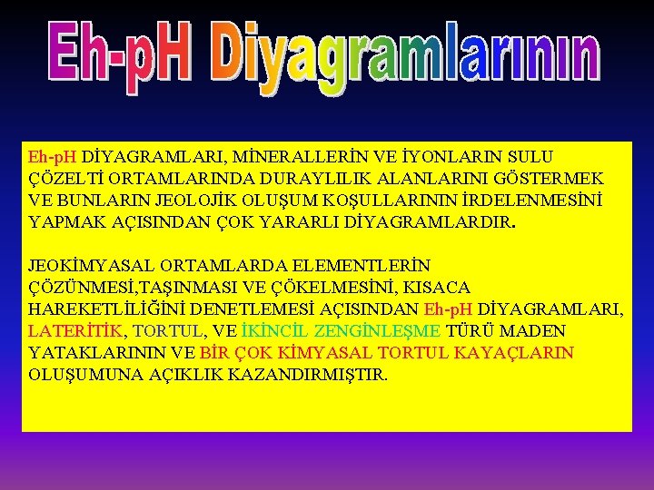 Eh-p. H DİYAGRAMLARI, MİNERALLERİN VE İYONLARIN SULU ÇÖZELTİ ORTAMLARINDA DURAYLILIK ALANLARINI GÖSTERMEK VE BUNLARIN