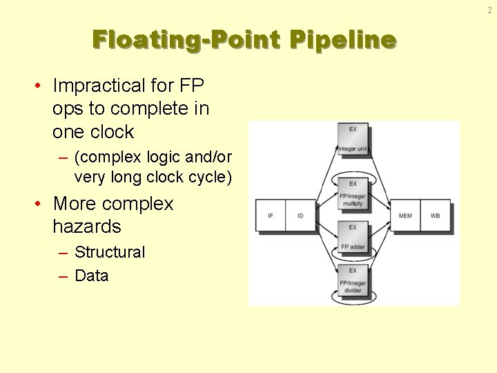 2 Floating-Point Pipeline • Impractical for FP ops to complete in one clock –