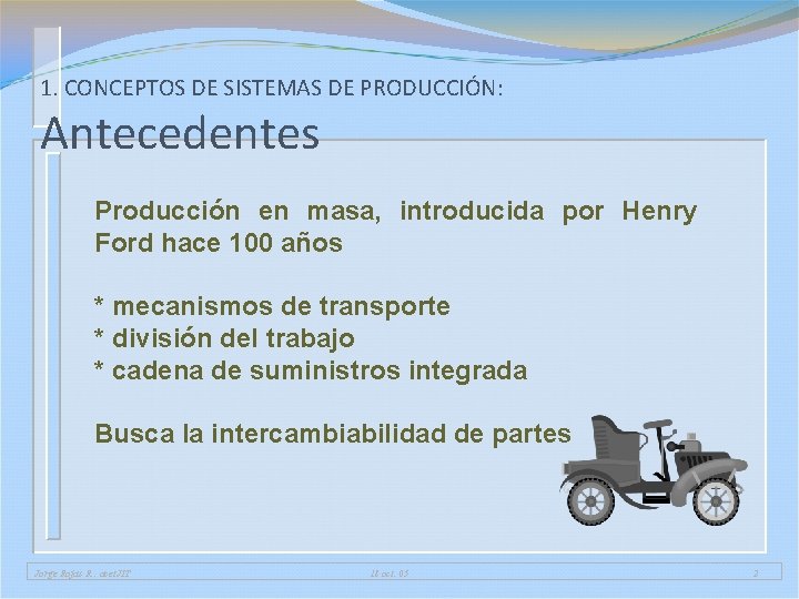 1. CONCEPTOS DE SISTEMAS DE PRODUCCIÓN: Antecedentes Producción en masa, introducida por Henry Ford 1. CONCEPTOS DE SISTEMAS DE PRODUCCIÓN: Antecedentes Producción en masa, introducida por Henry Ford