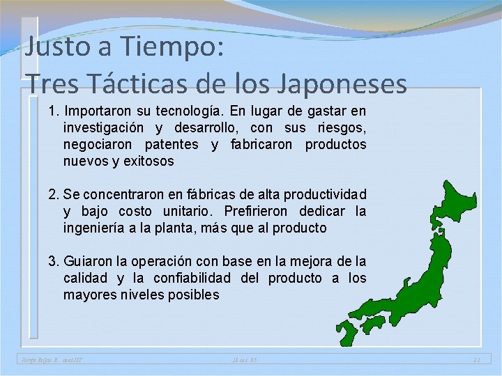 Justo a Tiempo: Tres Tácticas de los Japoneses 1. Importaron su tecnología. En lugar Justo a Tiempo: Tres Tácticas de los Japoneses 1. Importaron su tecnología. En lugar