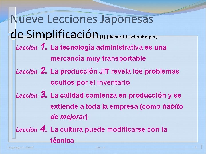 Nueve Lecciones Japonesas de Simplificación (1) (Richard J. Schonberger) Lección 1. La tecnología administrativa Nueve Lecciones Japonesas de Simplificación (1) (Richard J. Schonberger) Lección 1. La tecnología administrativa