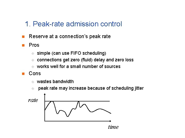 1. Peak-rate admission control n Reserve at a connection’s peak rate n Pros u 1. Peak-rate admission control n Reserve at a connection’s peak rate n Pros u