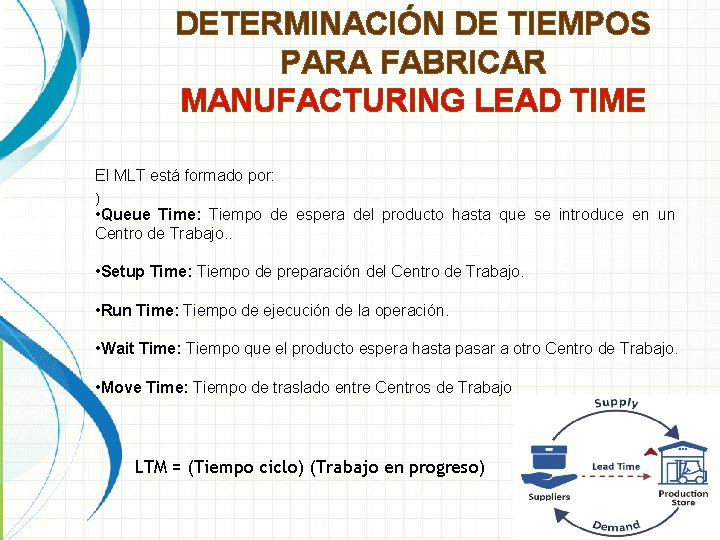 DETERMINACIÓN DE TIEMPOS PARA FABRICAR MANUFACTURING LEAD TIME El MLT está formado por: )