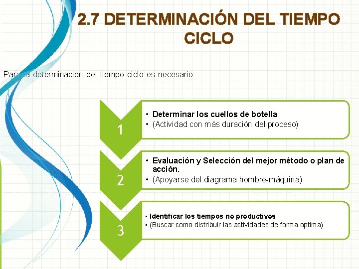 2. 7 DETERMINACIÓN DEL TIEMPO CICLO Para la determinación del tiempo ciclo es necesario: 2. 7 DETERMINACIÓN DEL TIEMPO CICLO Para la determinación del tiempo ciclo es necesario: