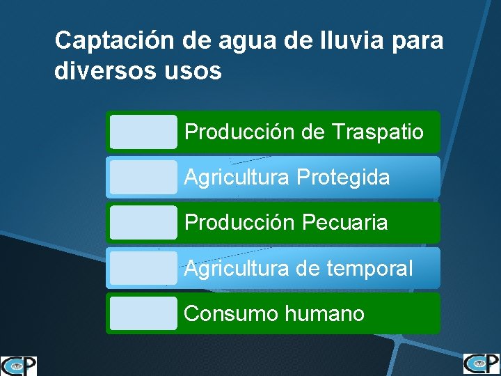 Captación de agua de lluvia para diversos usos Producción de Traspatio Agricultura Protegida Producción