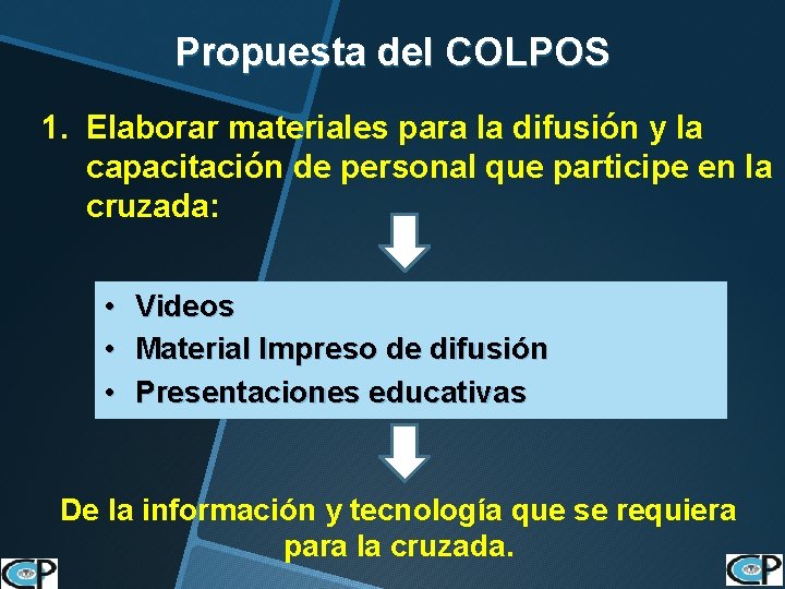 Propuesta del COLPOS 1. Elaborar materiales para la difusión y la capacitación de personal