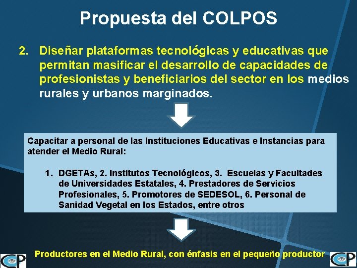 Propuesta del COLPOS 2. Diseñar plataformas tecnológicas y educativas que permitan masificar el desarrollo