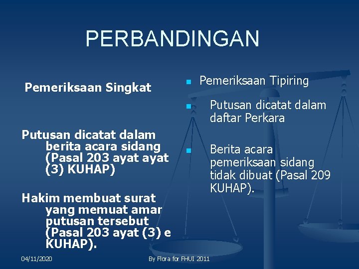 PERBANDINGAN Pemeriksaan Singkat n Pemeriksaan Tipiring n Putusan dicatat dalam berita acara sidang (Pasal