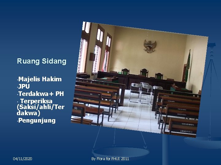 Ruang Sidang • Majelis • JPU Hakim • Terdakwa+ PH Terperiksa (Saksi/ahli/Ter dakwa) •