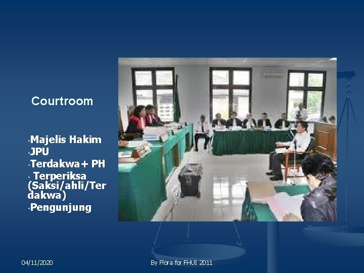 Courtroom • Majelis • JPU Hakim • Terdakwa+ PH Terperiksa (Saksi/ahli/Ter dakwa) • Pengunjung