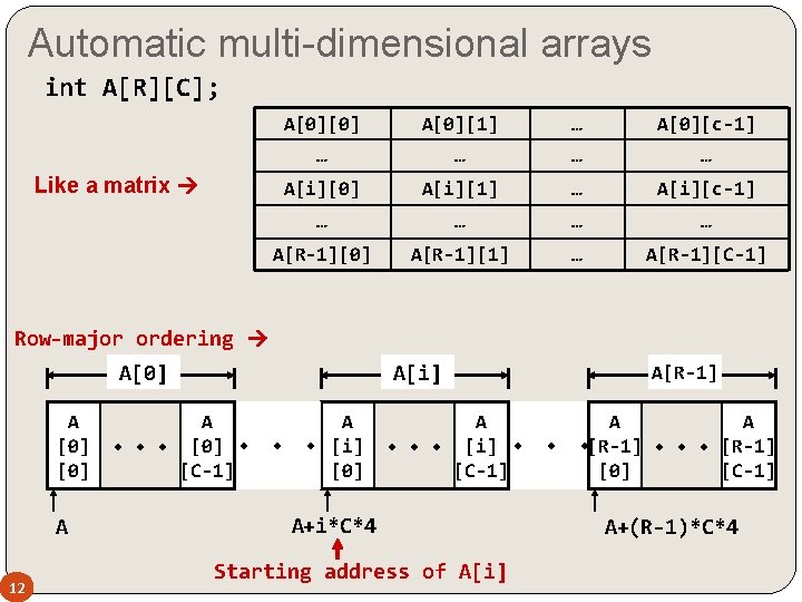 Automatic multi-dimensional arrays int A[R][C]; Like a matrix A[0][0] A[0][1] … A[0][c-1] … …