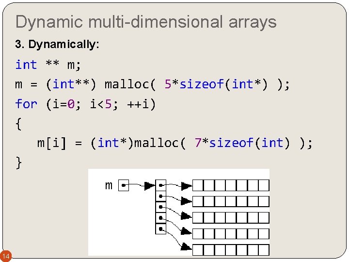 Dynamic multi-dimensional arrays 3. Dynamically: int ** m; m = (int**) malloc( 5*sizeof(int*) );