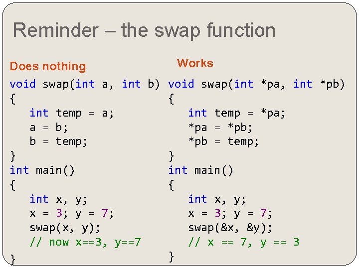 Reminder – the swap function Works Does nothing void swap(int a, int b) void