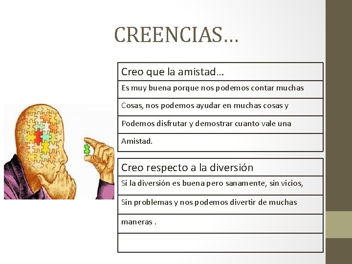 CREENCIAS… Creo que la amistad… Es muy buena porque nos podemos contar muchas Cosas,